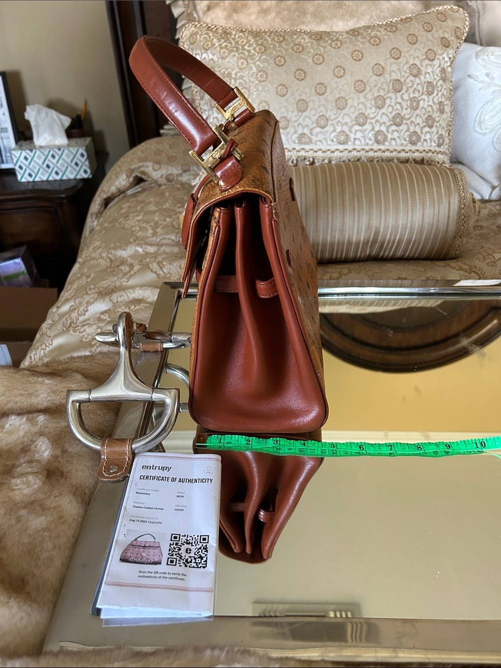 MCM Cognac Logo Visetos Top Handle Satchel with Gold Hardware lock w keys  COA - Picture 2 of 15